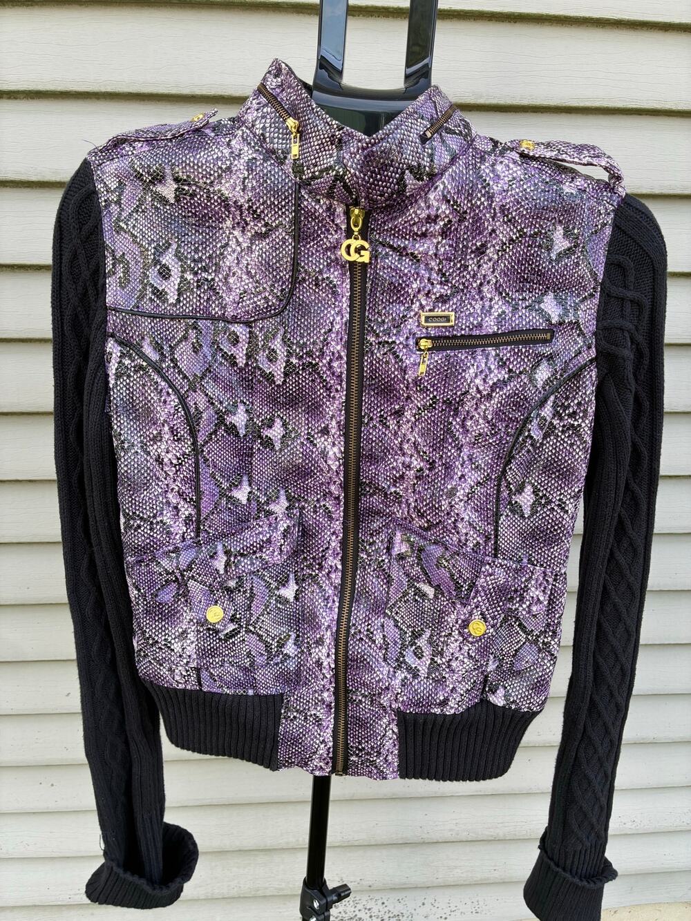 Coogi Faux Purple Snakeskin Jacket with Black Cable Knit Sweater Sleeves Size L